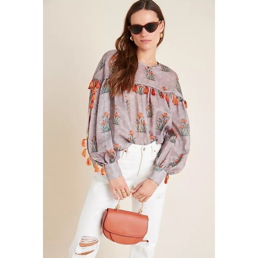 Sachin & Babi Tassel Blouse Women Medium Grey Floral Balloon Sleeve R01T18A